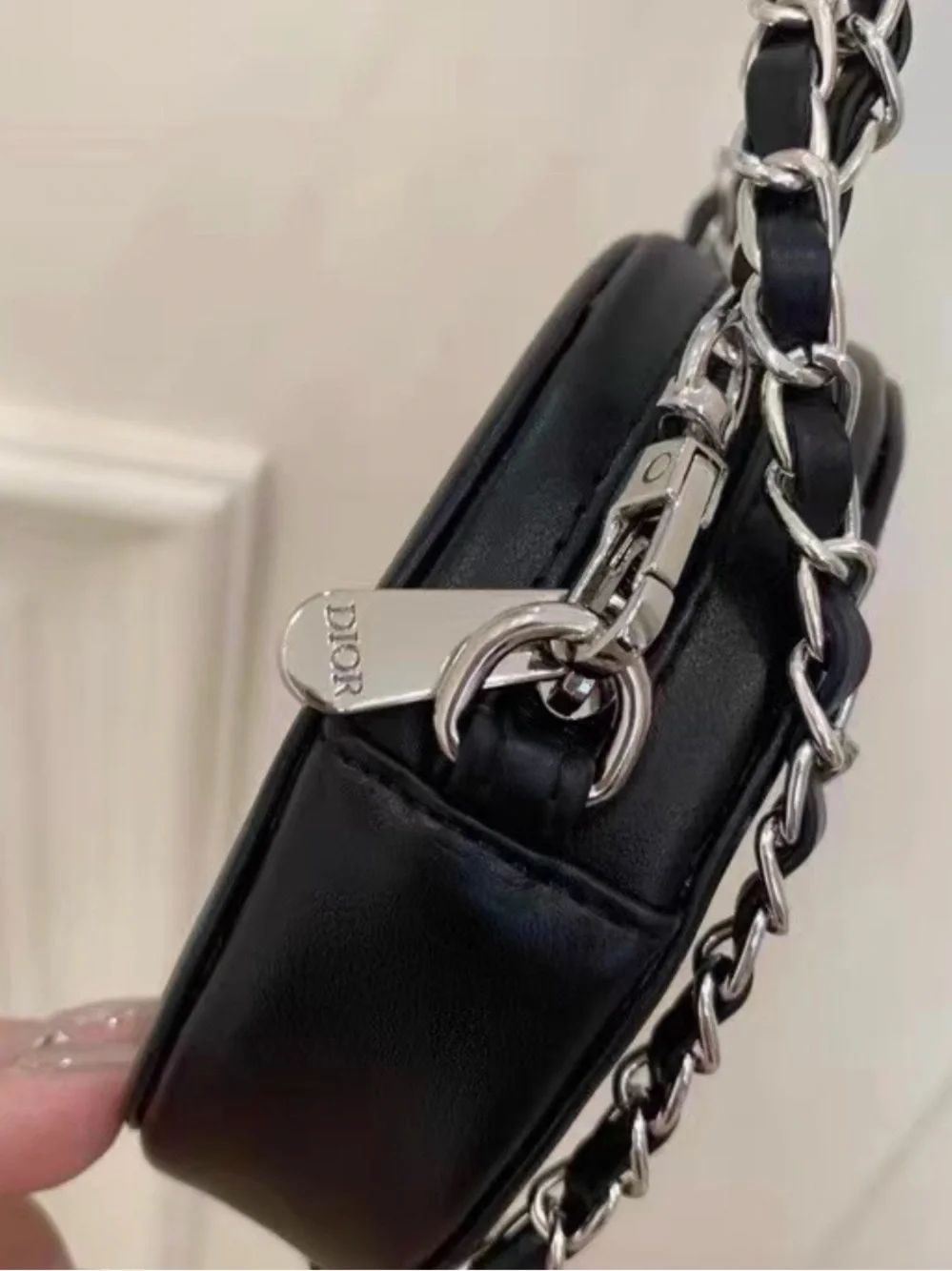 Dior Black Mini Round Cosmetic Crossbody Bag with Silver Chain